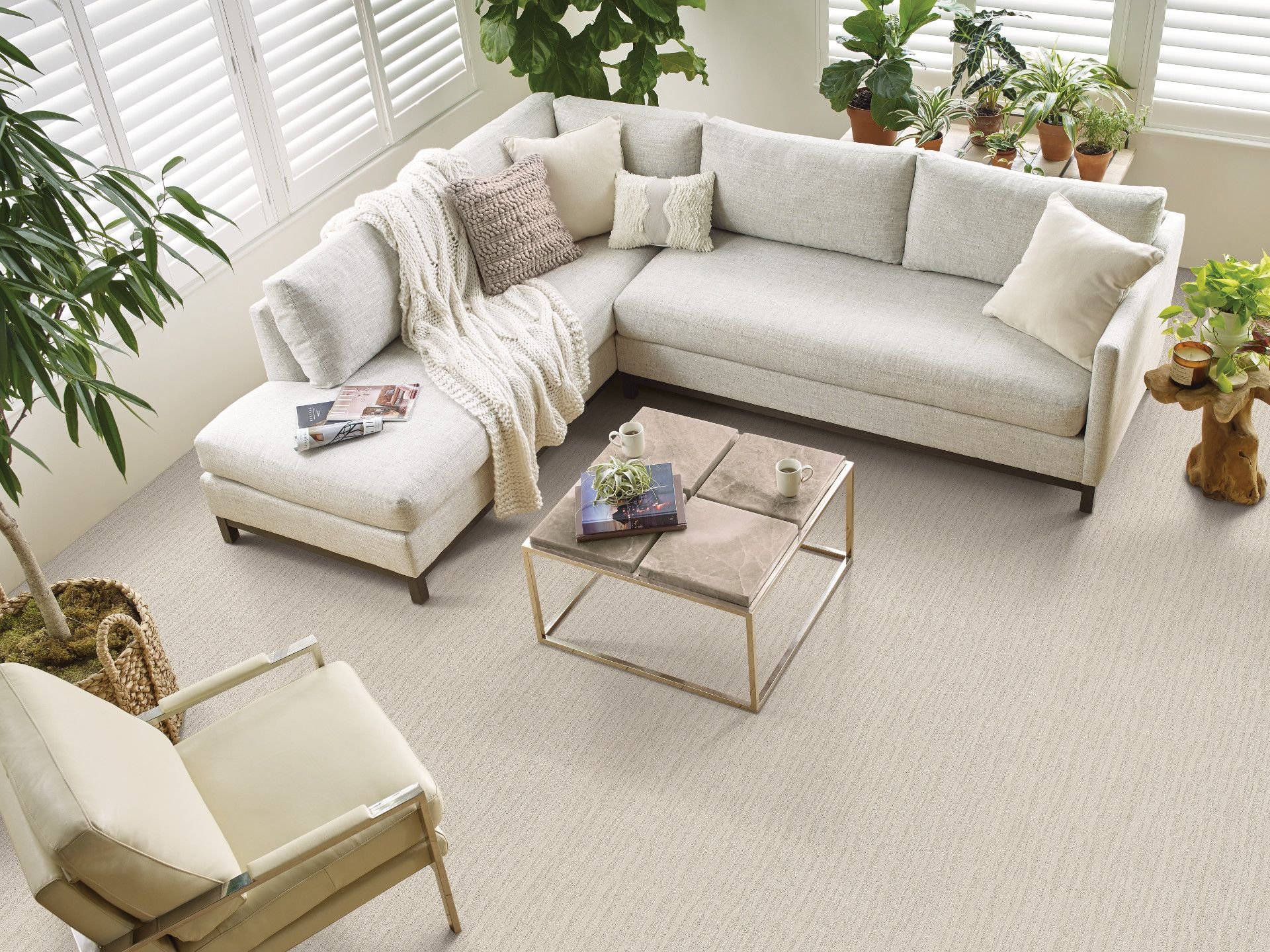 Large living room with white couch on carpet from Carpet Studio & Design Inc. in Los Angeles
